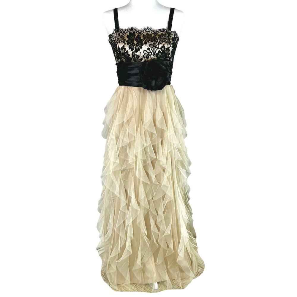 Romantic Goth Evening Empire Gown Black Lace Tiered Tulle Rosette Formal 5/6 - Picture 5 of 14